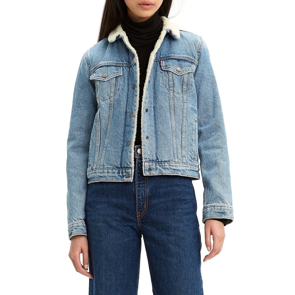 Levi's‎ Original Womens Jacket Sz S Sherpa Lined Trucker Denim Jean Blue Snap